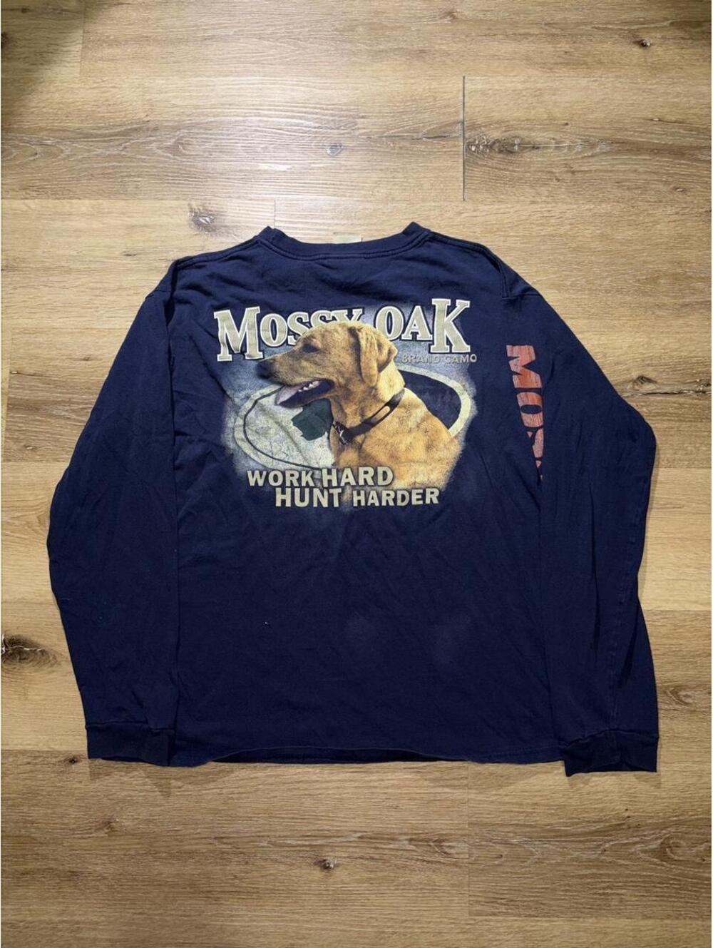 Mossy Oak Work Hard Hunt Harder Dog Graphic Long Sleeve Shirt Navy Men’s
